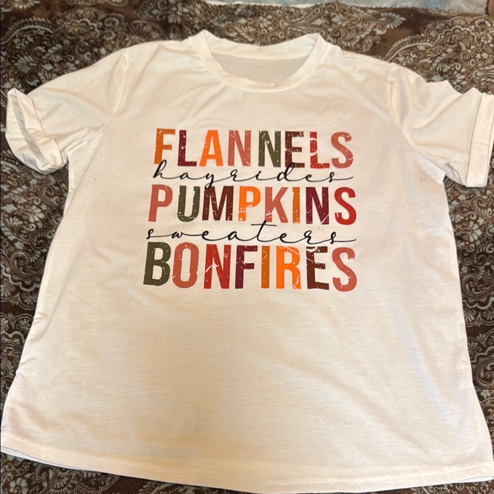 White Short Sleeve Tee with FLANNELS PUMPKINS BONFIRES Print